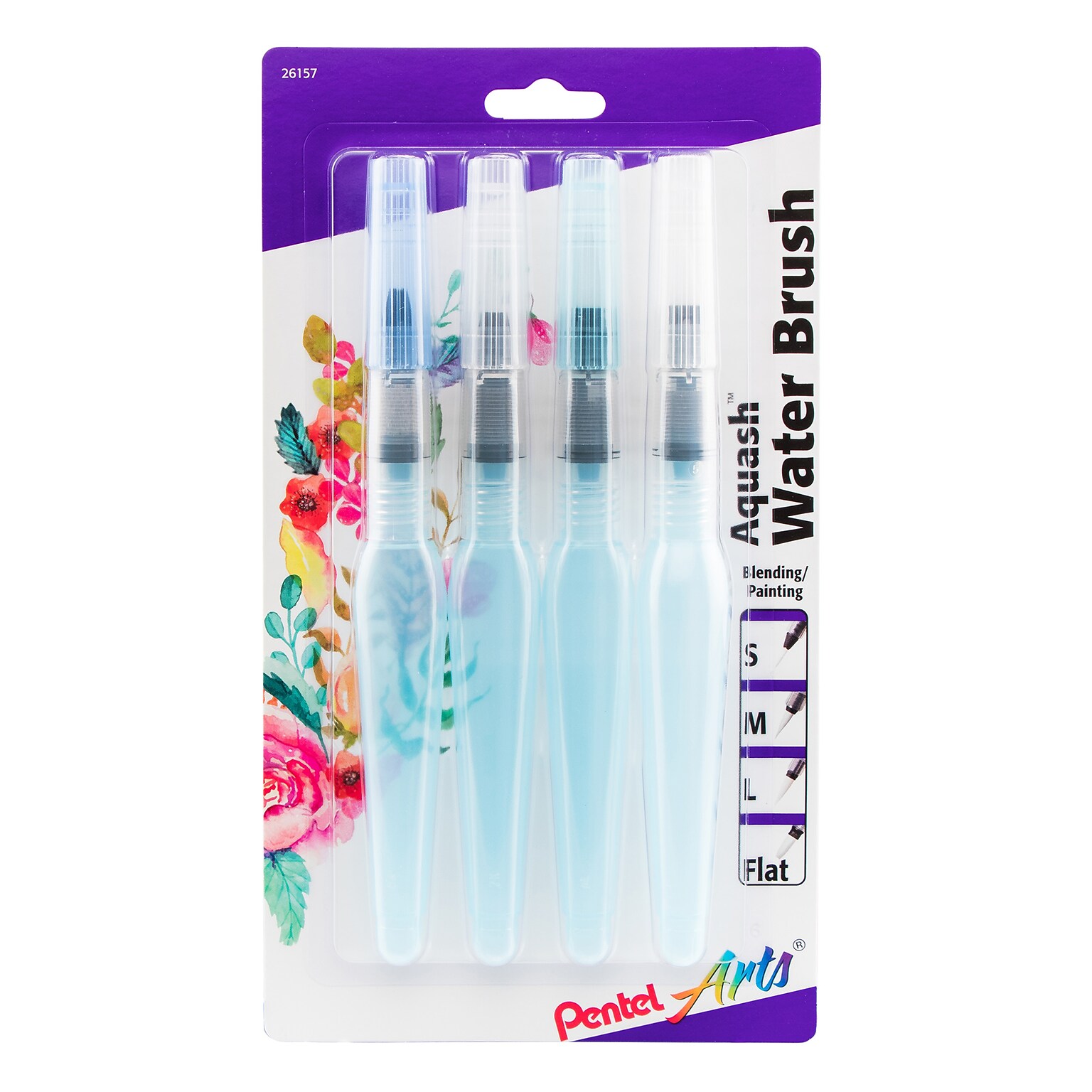 Pentel Arts Aquash Water Brush Assorted Tips, 4/Pack (PTAFRHBP4M)
