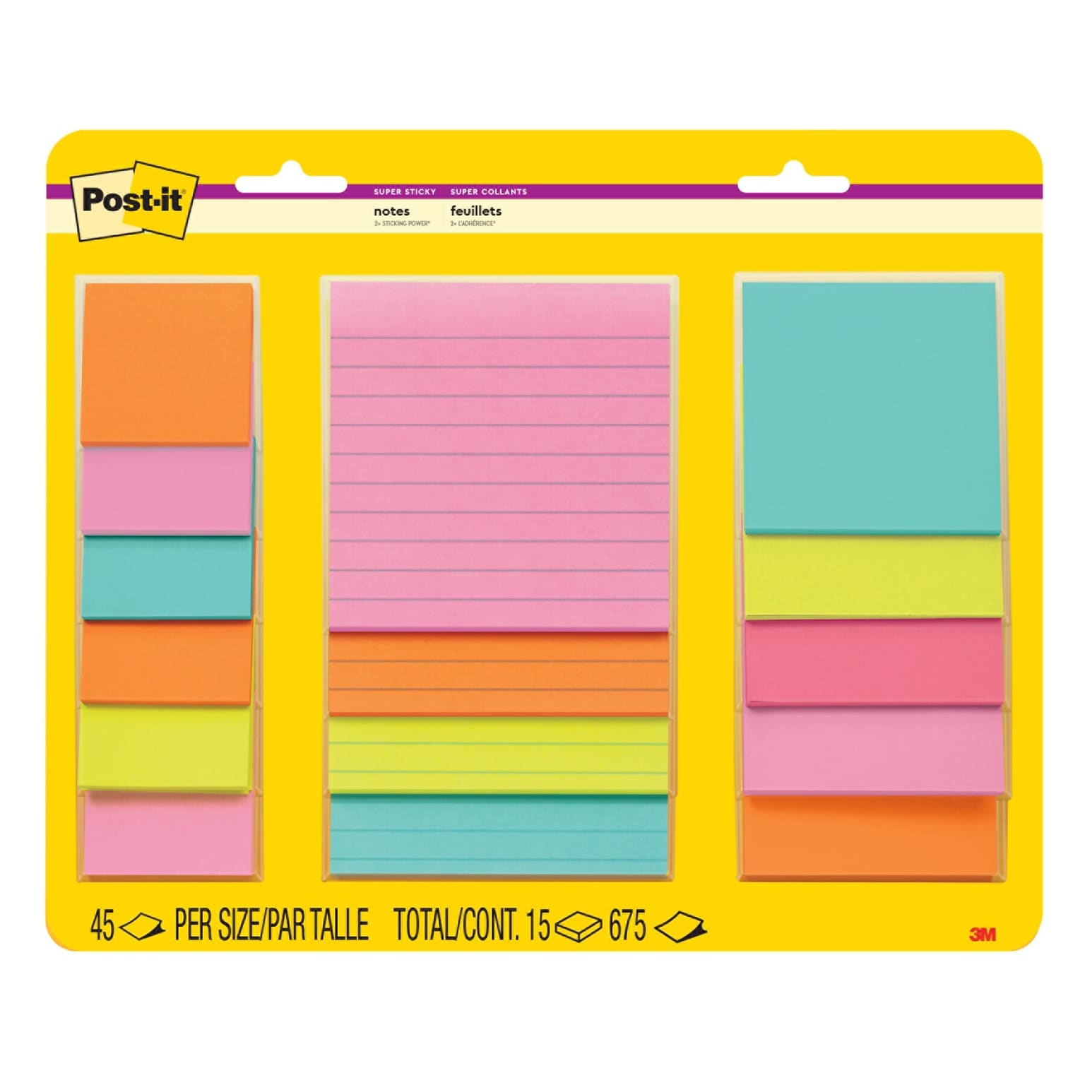 Post-it Super Sticky Notes, Supernova Neons Collection, 45 Sheets/Pad, 15 Pads/Pack (4423-15SSMIA)