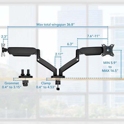 Mount-It! Adjustable Dual Monitor Desk Mount with Gas Spring Arms, Up to 32" Monitor, Black (MI-1882BLK)