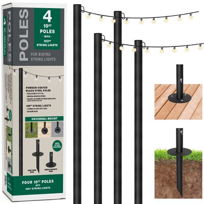 Excello Global Products Bistro Pole for String Lights with 100' G40 Lights, Black, 4/Pack (EGP-HD-0362)