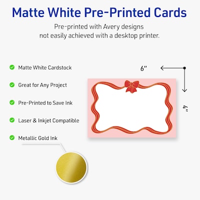 Avery Gold-Pink Bow Matte Blank Card, White, 20/Pack (S00-FFF)