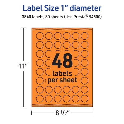 Avery Laser/Inkjet Multipurpose Circle Labels, 1" Dia., Bright Orange, 3840/Box (94500)