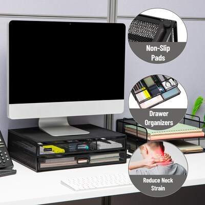 Mind Reader Monitor Stand Laptop Riser with Storage Drawer, Black (2TDMESHY-BLK)