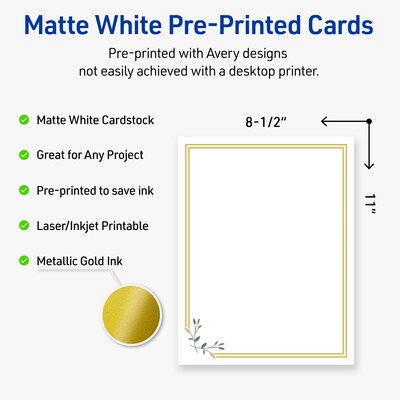 Avery Gold Double Border with Florals Matte Blank Card, White, 10/Pack (S00-DPG)