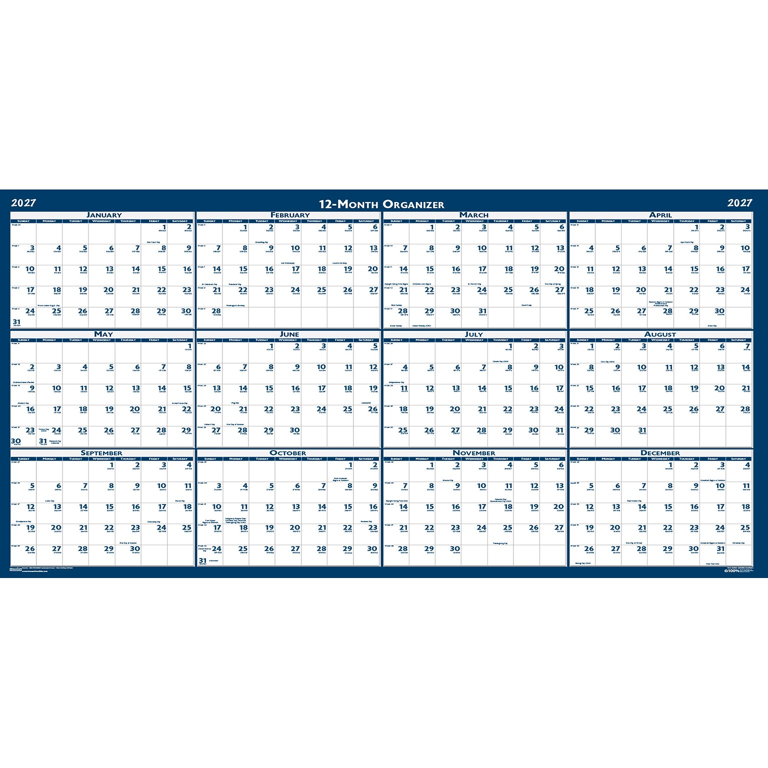 2027 House of Doolittle 33 x 66 Yearly Dry Erase Wall Calendar, Reversible, Blue (3962-27)