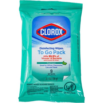 Clorox To Go Fresh Scent Disinfecting Wipes, 9 Wipes/Pack, 8 Packs/Bag, 12 Bags/Carton