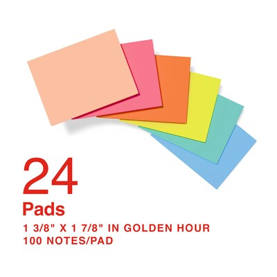 Staples Ultra Sticky Notes, 1 3/8 x 1 7/8, Golden Hour Collection, 100 Sheets/Pad, 24 Pads/Pack (S
