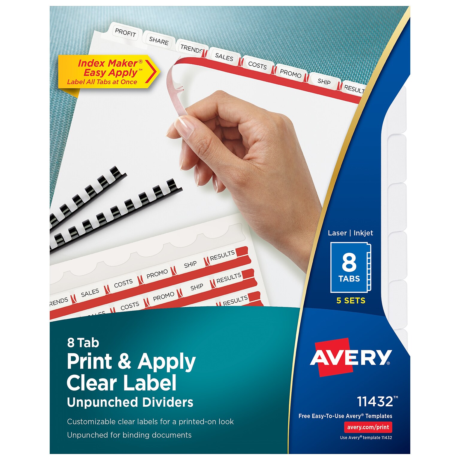 Avery Index Maker Unpunched Paper Dividers with Print & Apply Label Sheets, 8 Tabs, White, 5 Sets/Pack (11432)