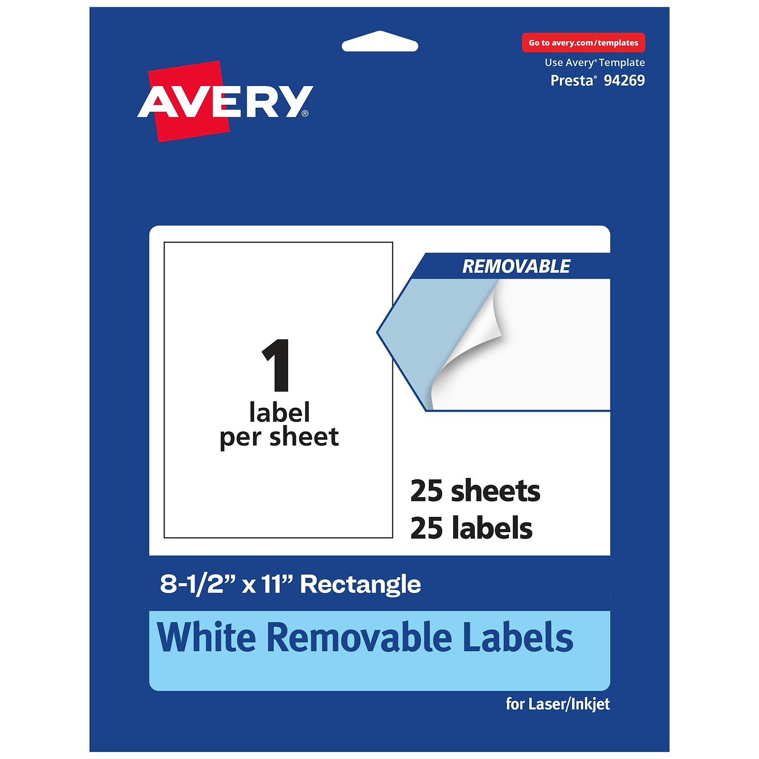 Avery Laser/Inkjet Rectangle Multipurpose Labels, 8.5 x 11, White, 25 Labels/Pack (94269)