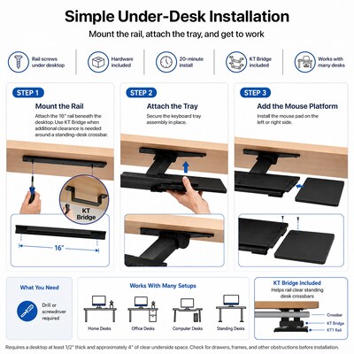 Uncaged Ergonomics Under Desk Keyboard Tray, Black (KT1)
