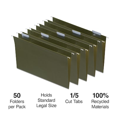 Staples® Hanging File Folder, 5-Tab, Legal Size, Standard Green, 50/Box (TR490853)