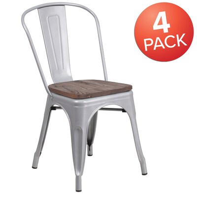Flash Furniture Luke Contemporary Metal/Wood Stackable Dining Chair, Silver, 4/Pack (4CH31230SILW)