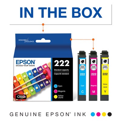 Epson 222 Cyan/Magenta/Yellow Standard Yield Ink Cartridges, 3/Pack (T222520-S)