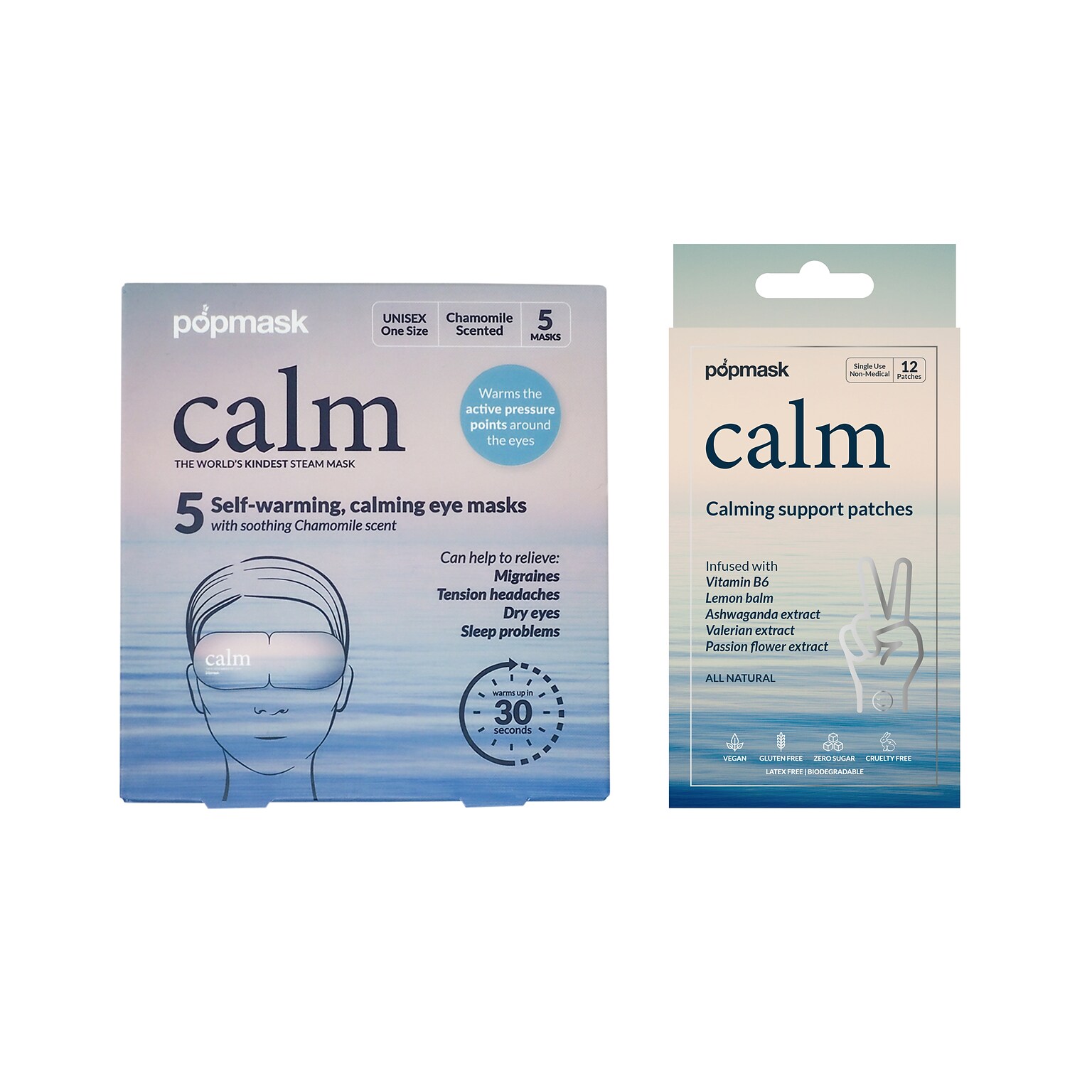 Popmask London Calm Self Warming Eye Mask 5 Pack, Calm Vitamin Support Patches 12 Pack (CALMBUNDLE)