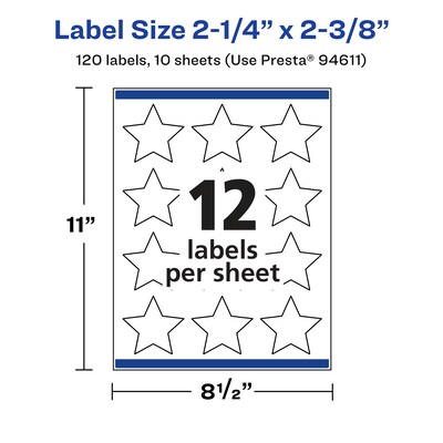 Avery Laser/Inkjet Multipurpose StarLabels, 2.375" Dia, Glossy Clear, 120/Pack (94611)