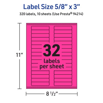 Avery Laser/Inkjet Rectangle Multipurpose Labels, 5/8" x 3", Neon Magenta, 320/Pack (94214)