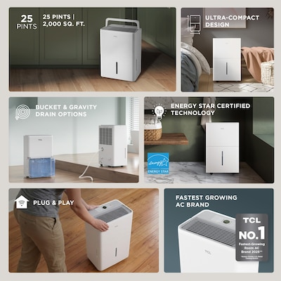 TCL 25-Pint Portable Dehumidifier, WiFi Enabled, 3-Speed, Covers up to 2000 sq. ft., White (T25DC9R)