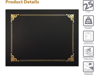 Better Office Certificate Holders, 8.75" x 11.25", Black/Gold, 25/Pack (65251-25PK)