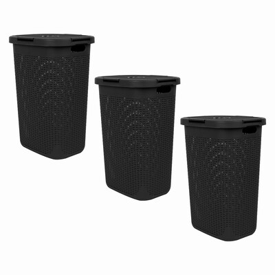 Mind Reader 15.8 Gallon Hamper with Lid, Plastic, Black, 3/Pack (3PK60HAMP-BLK)