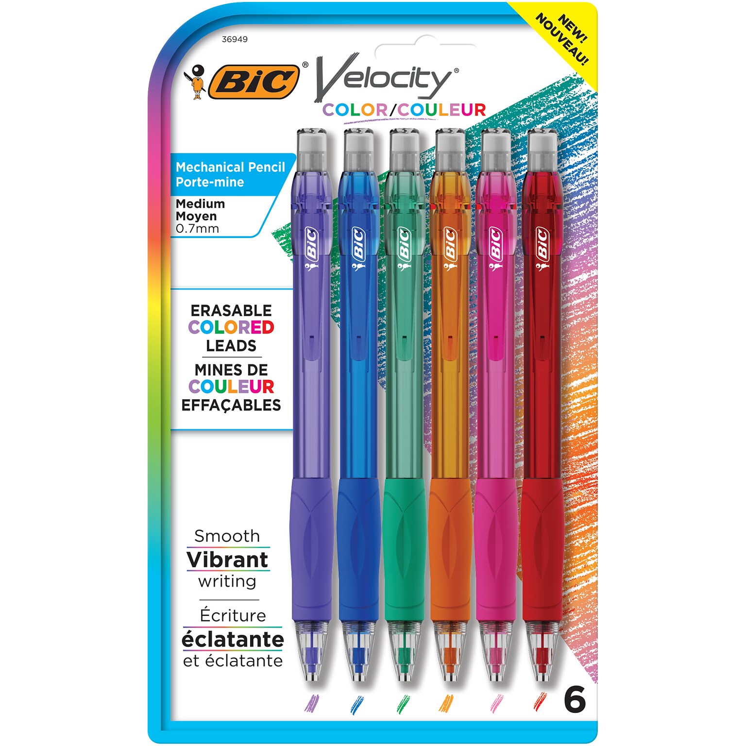 BIC Velocity Colored Lead Mechanical Pencils, #2 Hard Lead, 6/Pack (MV7CP61-AST)