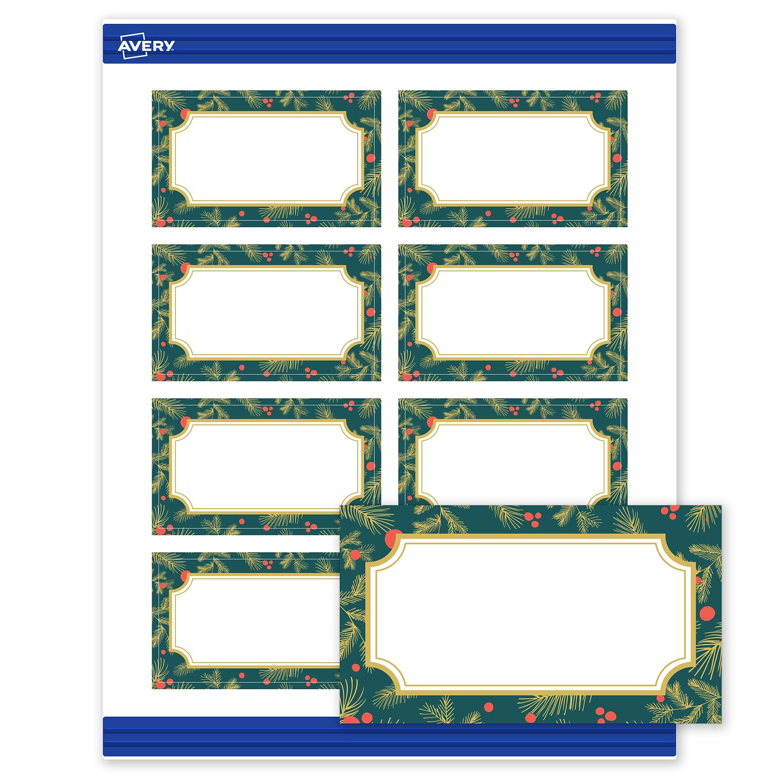 Avery Gold-Teal Berries Matte Blank Card, White, 80/Pack (S00-FEZ)