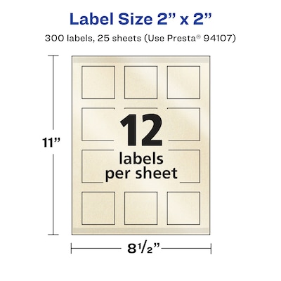 Avery Laser/Inkjet Square Pearlized Labels, 2" x 2", Ivory, 300 Labels/Pack (94107)