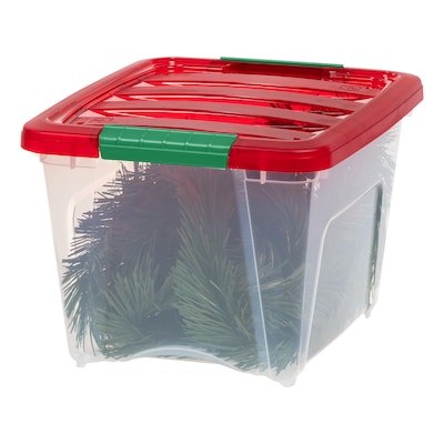 Iris Holiday Small Stackable Plastic Storage Box, 9.5" x 12" x 15", 19 Qt., Clear/Red, 4/Pack (500533)