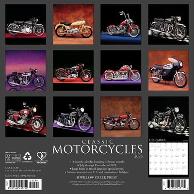 2026 Willow Creek Classic Motorcycles 12 x 12 Monthly Wall Calendar (50750)