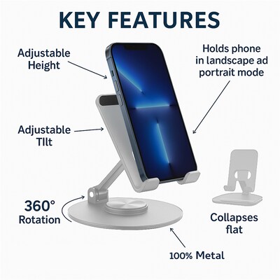 Uncaged Ergonomics 360° Swivel Rotating Adjustable Cell Phone Stand for Desk, Silver (SPS-SILVER)