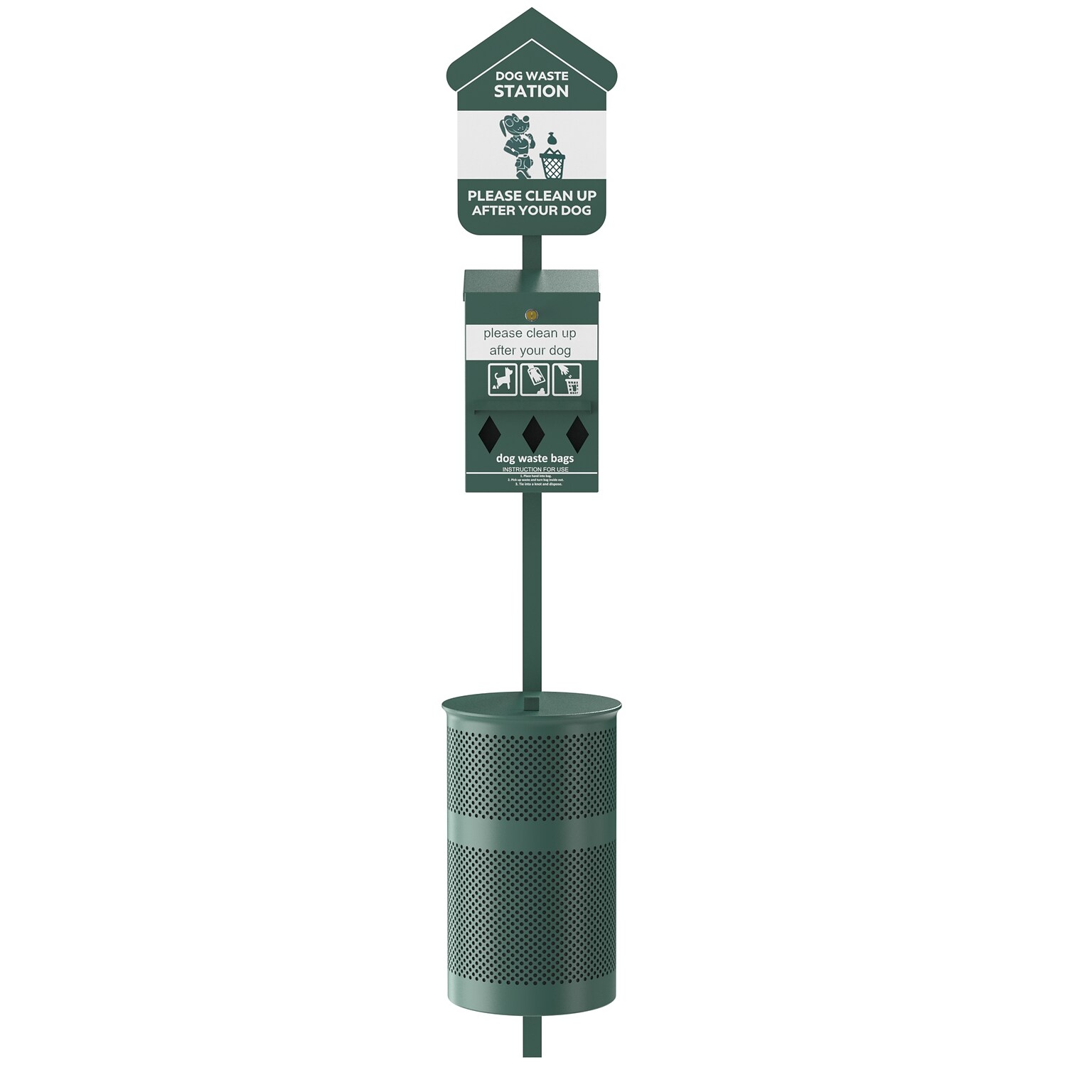 Furloo Steel Outdoor Pet Waste Station Kit with Roll Bag Dispenser, 11.5 Gallon, Green (FLO1R-S-G)