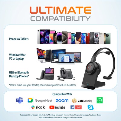 Delton 50X Pro Wireless Noise Canceling Bluetooth Mono Computer On-Ear Headset, Black (DBTHEAD50XBTDL)