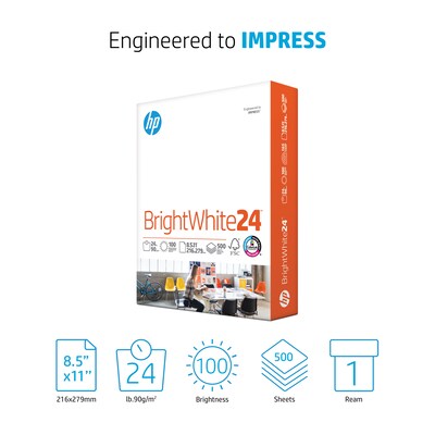 HP BrightWhite24 8.5 x 11 Inkjet Paper, 24 lbs., 100 Brightness, 500 Sheets/Ream (HPB1124)