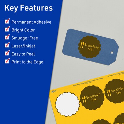 Avery Laser/Inkjet Round Scalloped Multipurpose Labels, 2.5 Dia., Bright Yellow, 90/Pack (94516)