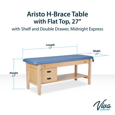 Aristo Wood H-Brace Physician Exam Table with Shelf, 2 Drawer Cabinet, Paper Cutter, Holder, 500lbs. Capacity, Blue