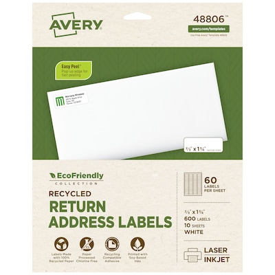 Avery EcoFriendly Laser/Inkjet Address Labels, 2/3 x 1-3/4, Matte White, 600 Labels/Pack (48806)