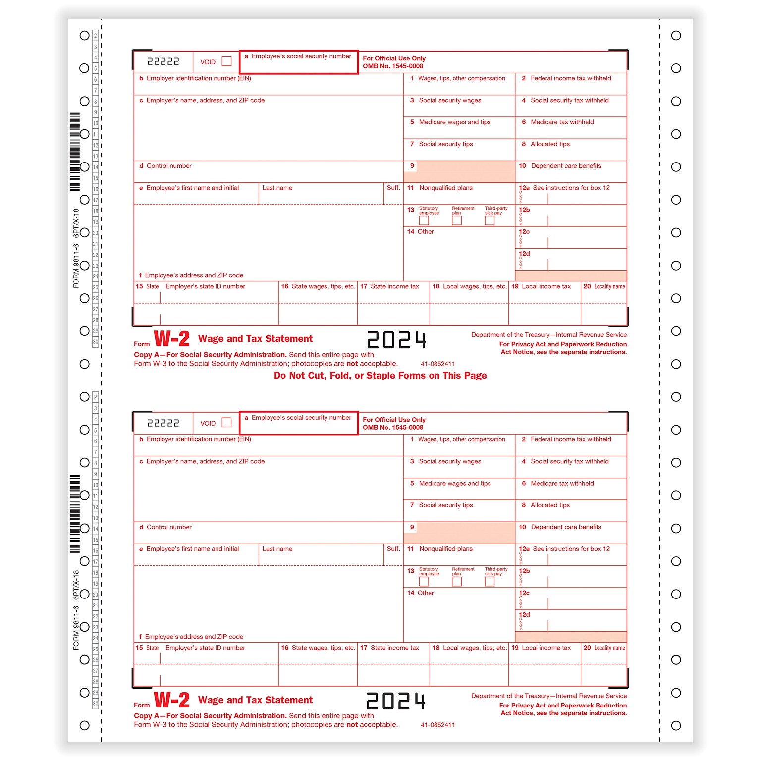 ComplyRight 2024 W-2 Tax Form, 6-Part, 2-Up, Employer Copy A, 1/D, B, C, 2, 1/D, 25/Pack (9811625)