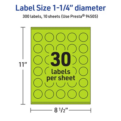 Avery Laser/Inkjet Multipurpose Circle Labels, 1.25" Dia., Bright Green, 300/Pack (94505)