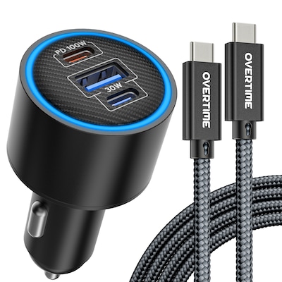 Overtime A60/C82 130W 3-Port Car Charger and 6 ft. 100W USB-C to USB-C Charging Cable Bundle, Black (OCA60BKBD1)