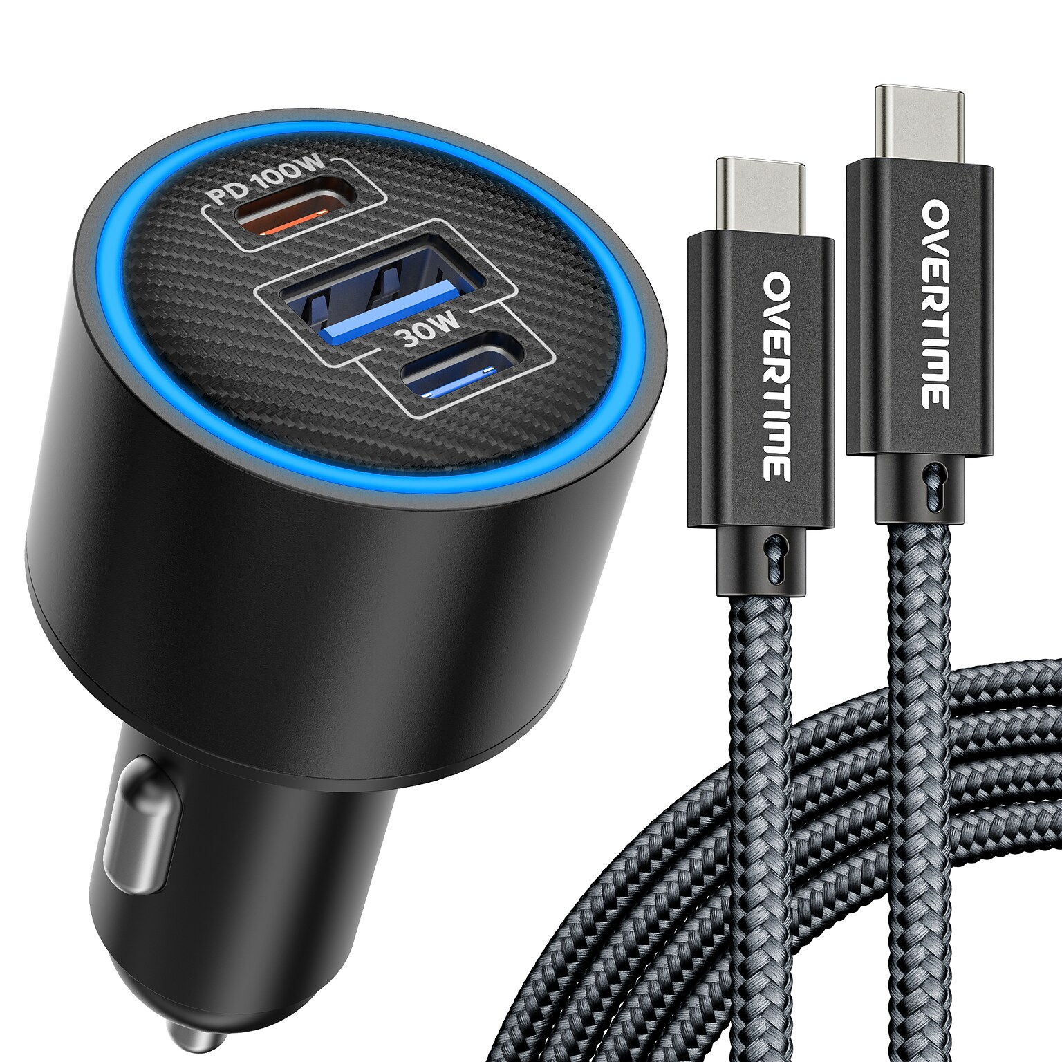 Overtime A60/C82 130W 3-Port Car Charger and 6 ft. 100W USB-C to USB-C Charging Cable Bundle, Black (OCA60BKBD1)