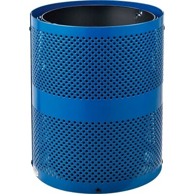Global Industrial Outdoor Perforated Steel Trash Can w/ Flat Lid, 36 Gallon, Blue (261925BL)