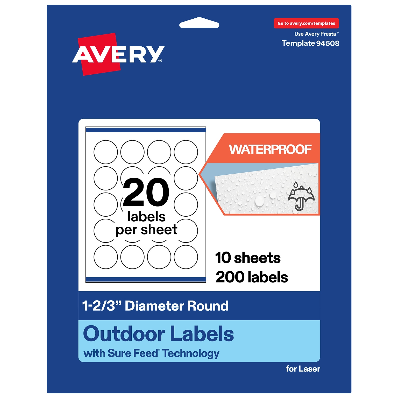 Avery Waterproof Round Laser Multipurpose Labels, 1-2/3 Dia., White, 200/Pack (19479399432)