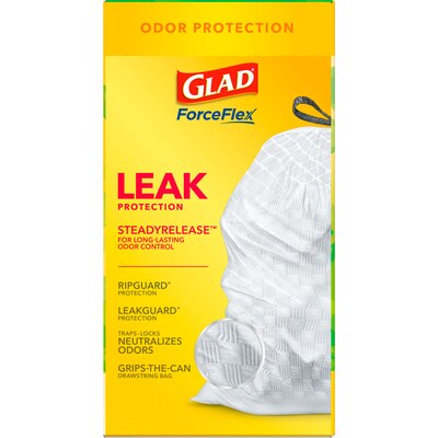 Glad OdorShield 13 Gallon Kitchen Trash Bag, 24" x 27.36", Low Density, 0.78 mil, Gain Original, White, 80 Bags/Box (78900)