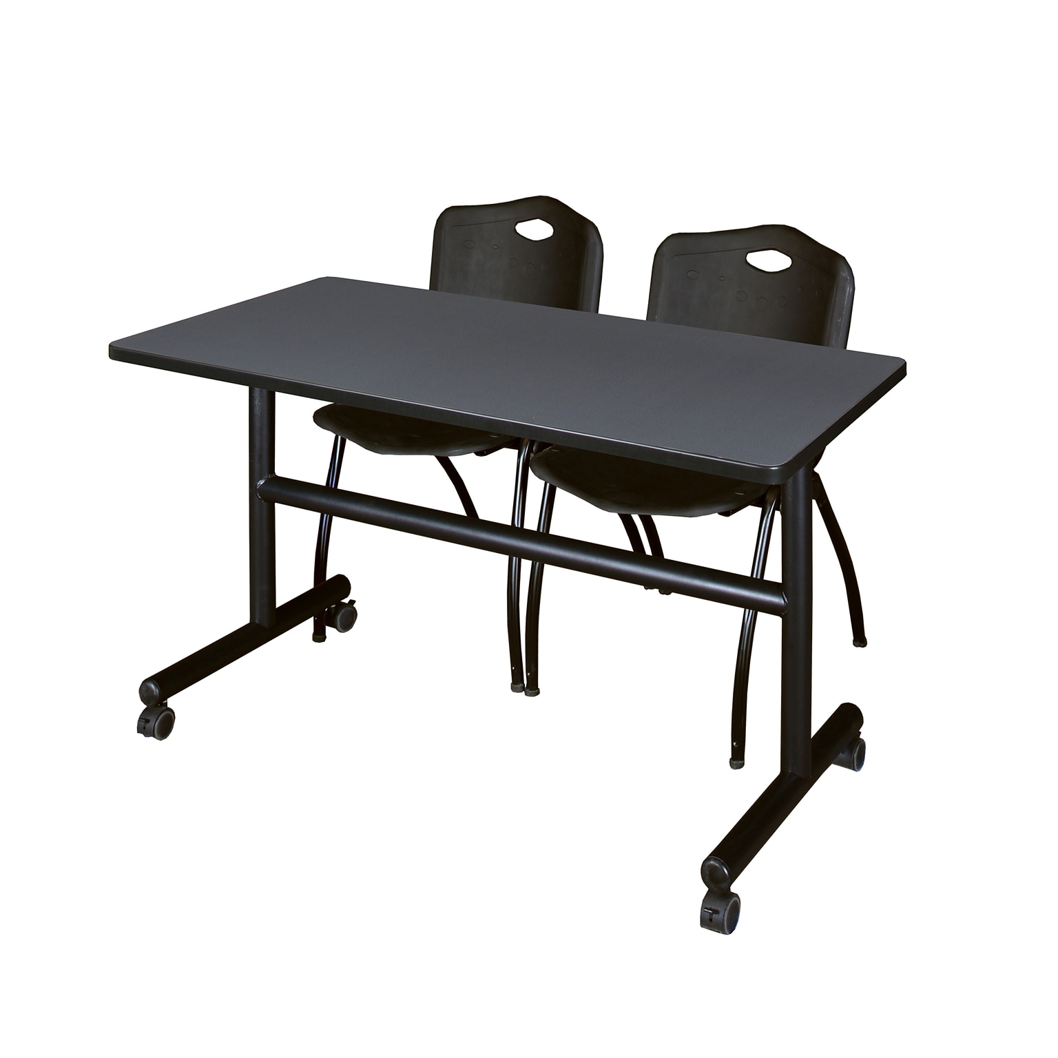 Regency Kobe 48 Flip Top Mobile Grey Training Table & 2 M Stack Chairs, Black (MKFT4824GY47BK)