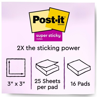 Post-it® Super Sticky Full Stick Notes, 3 x 3, Rio de Janeiro Collection, 25 Sheets/Pad, 16 Pads/P
