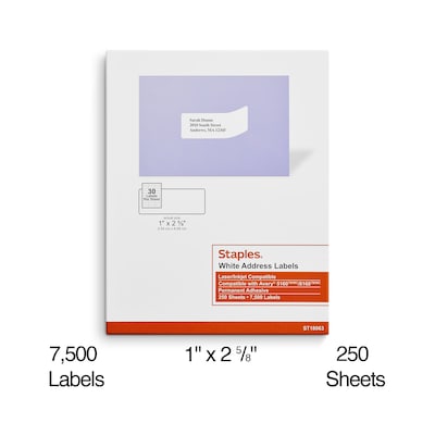 Staples® Laser/Inkjet Address Labels, 1" x 2 5/8", White, 30 Labels/Sheet, 250 Sheets/Pack, 7500 Labels/Box  (ST18063-CC)