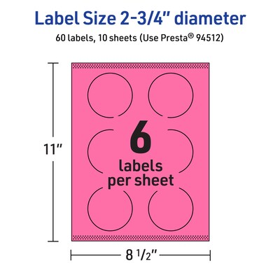 Avery Laser/Inkjet Round Multipurpose Labels, 2.75" Dia., Bright Pink, 60/Pack (94512)