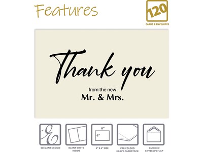 Better Office Wedding Thank You Cards with Envelopes, 4" x 6", White/Black, 120/Pack (64642-120PK)