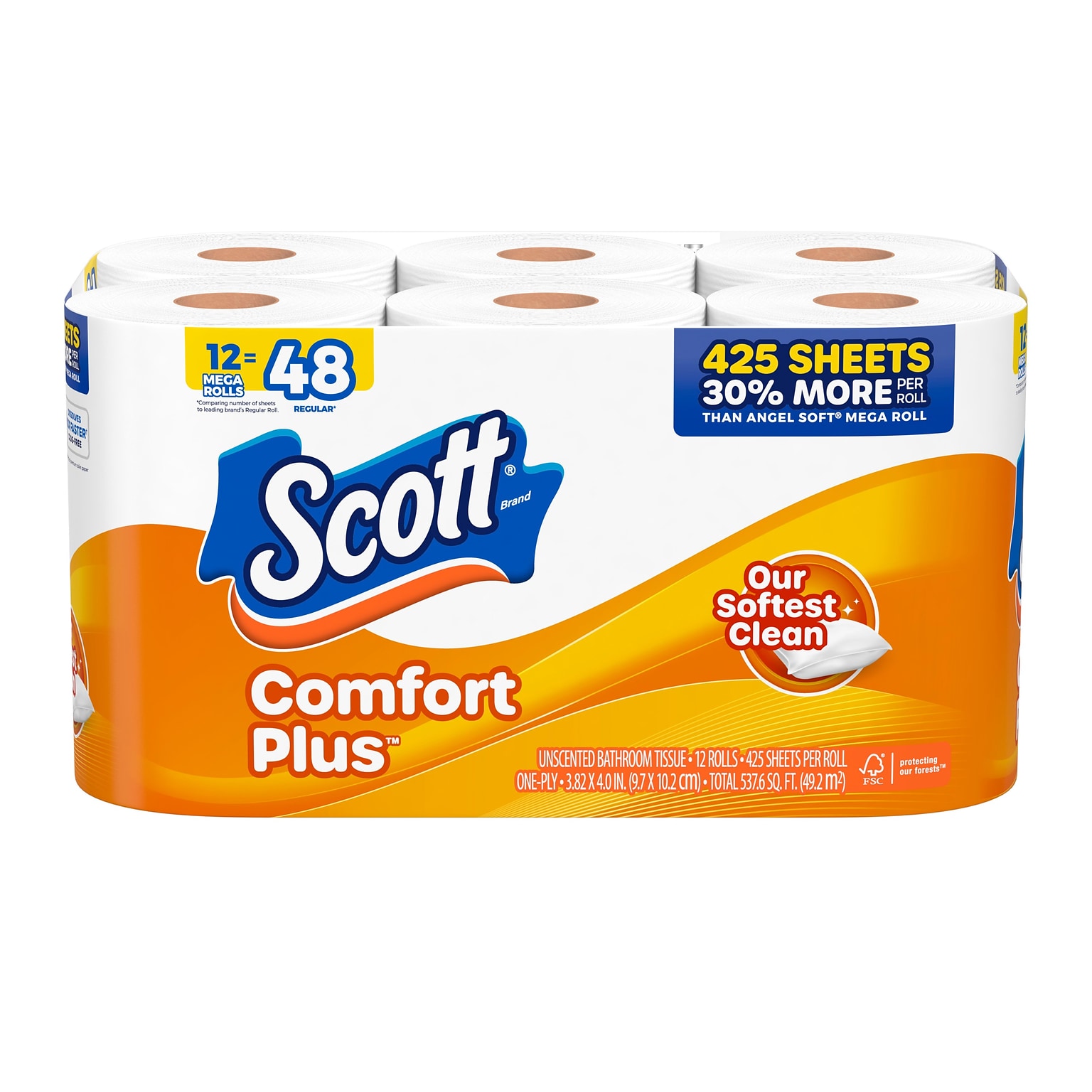 Scott ComfortPlus Mega Rolls 1-Ply Standard Toilet Paper, White, 462 Sheets/Roll, 12 Rolls/Case (47631)