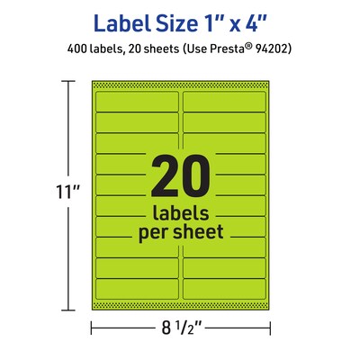 Avery Printable Rectangle Multipurpose Labels, 1" x 4", Bright Green, 400/Pack (94202)