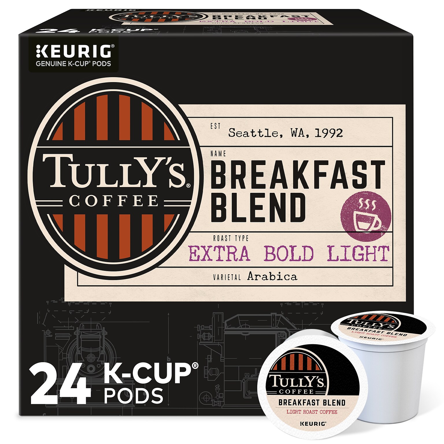 Tullys Breakfast Blend Coffee, Light Roast, 0.40 oz. Keurig® K-Cup® Pods, 24/Box (192719)